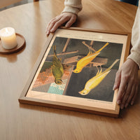 The print of three canaries as calming wall art in a bedroom
