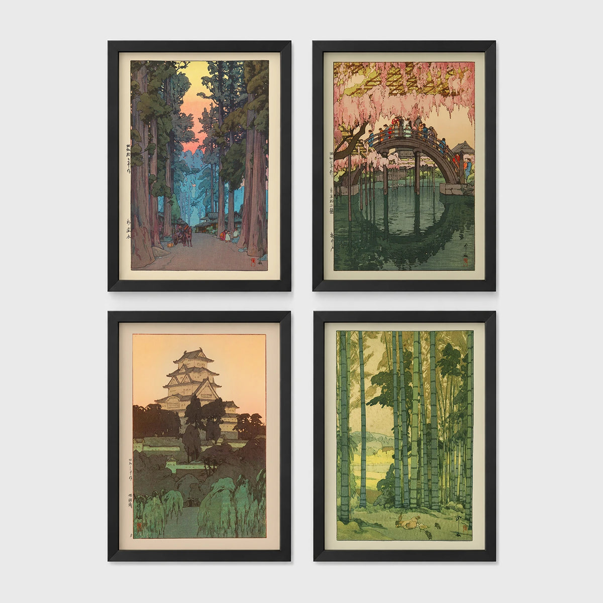 Set of 4 framed prints, vintage Italian Campari advertising posters: a "Bitter Campari" cubist-style advertisement; a "Davide Campari & C Milano" cubist-style advertisement; a "Campari Soda" bottle advertisement; and an "Aperitivo Bitter Campari" advertisement — unframed