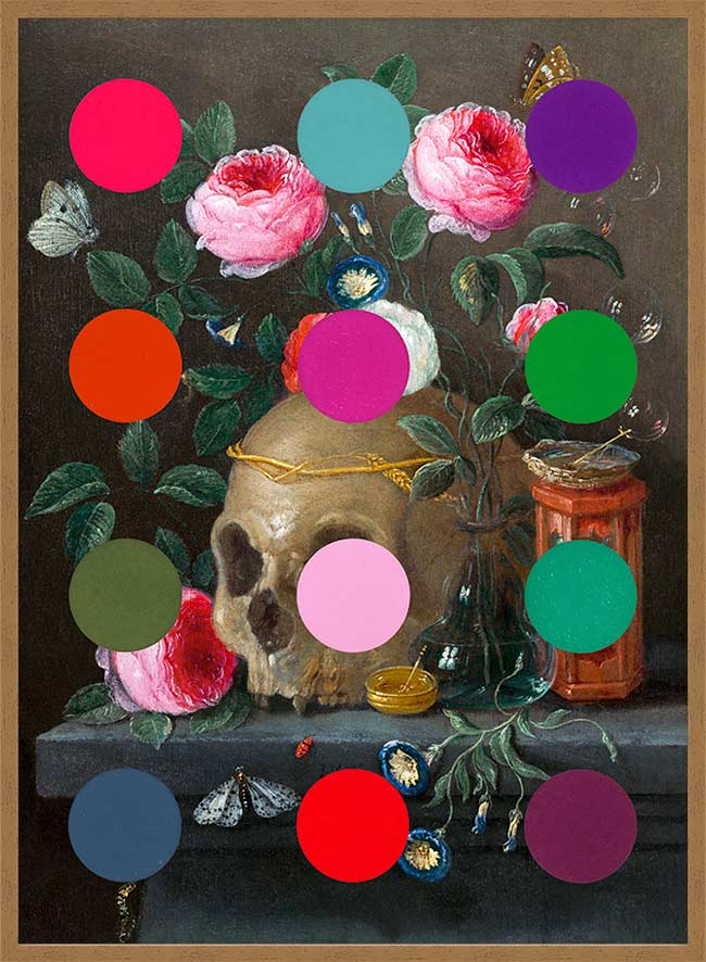 Modern Art Dots Still Life Skull and Flowers Altered Art Print