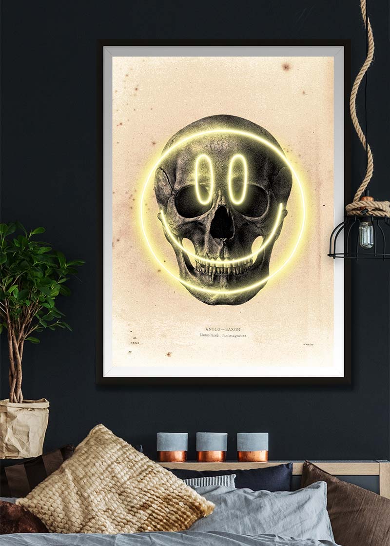 Happy Face Skull Neon Print