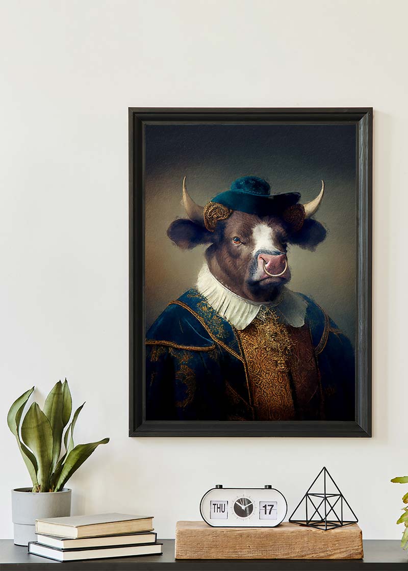 Bull with Hat Animal Head Portrait Print