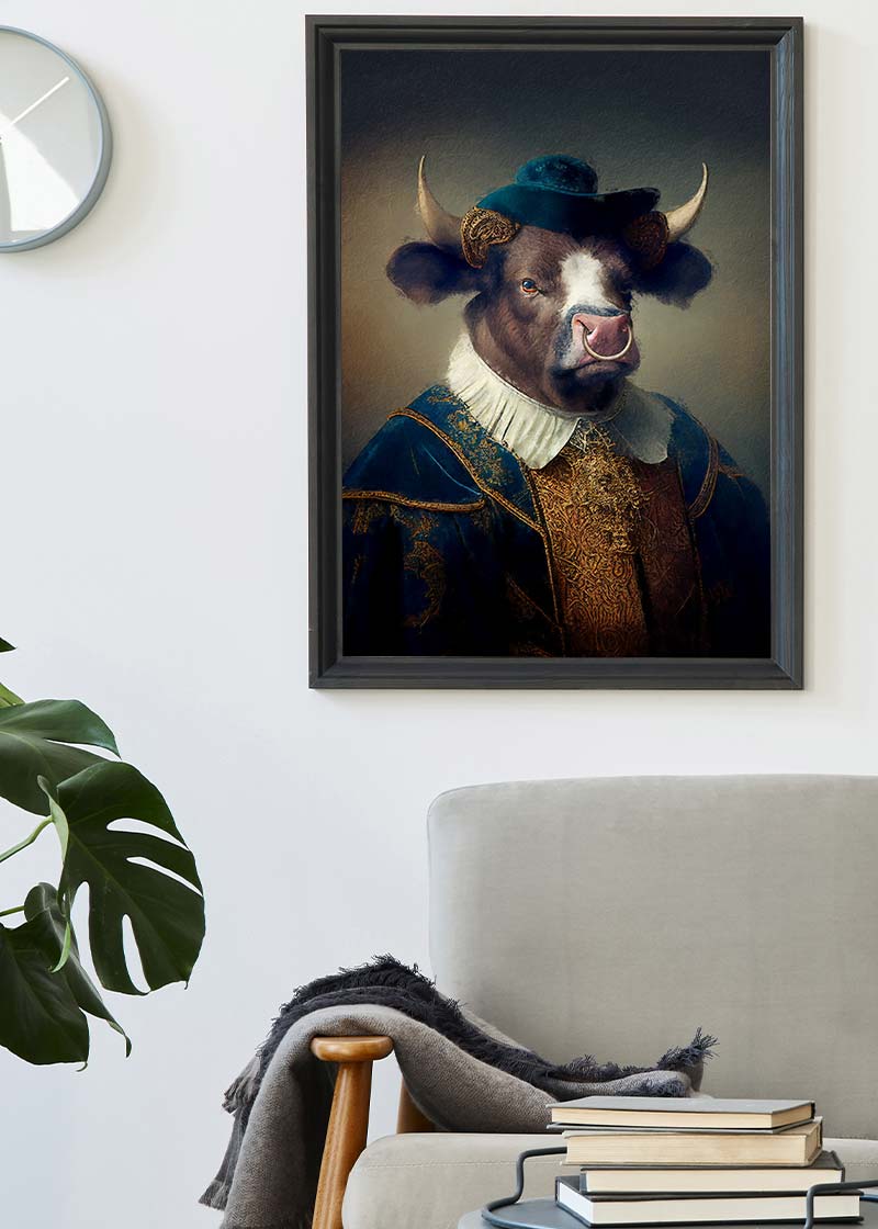 Bull with Hat Animal Head Portrait Print