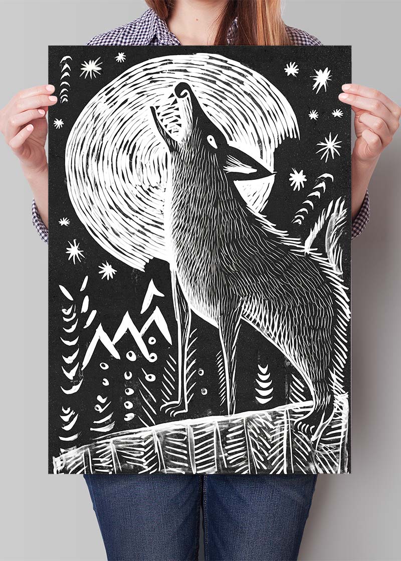 Black and White Wolf Folk Art Print