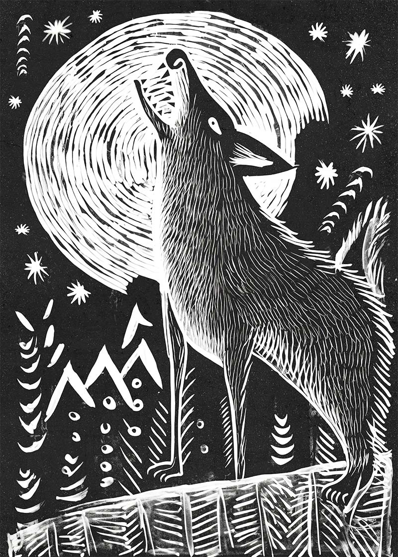 Black and White Wolf Folk Art Print