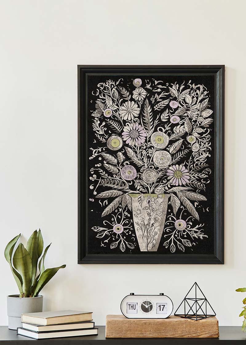 Black and White Flowers Folk Art Print