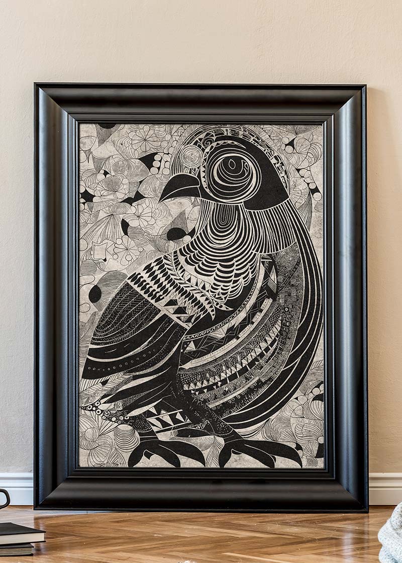 Black and White Bird Folk Art Print
