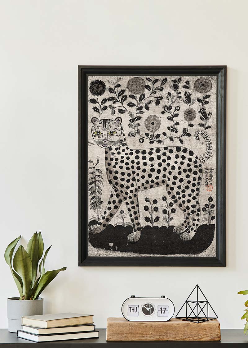 Black and White Leopard Folk Art Print