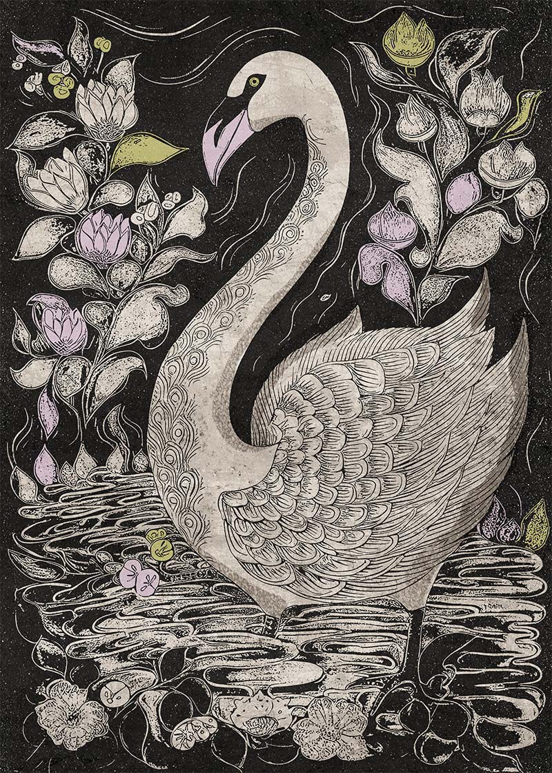 Black and White Swan Folk Art Print