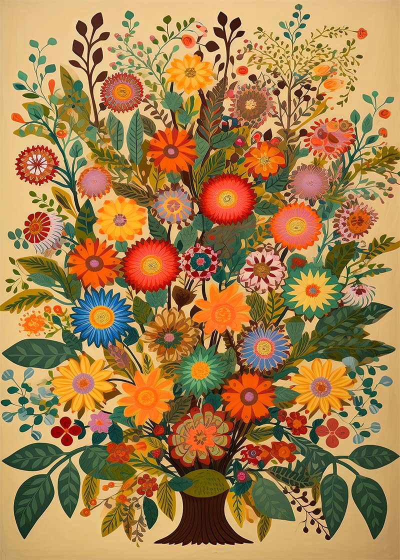 Folk Art Style Flowers Light Print
