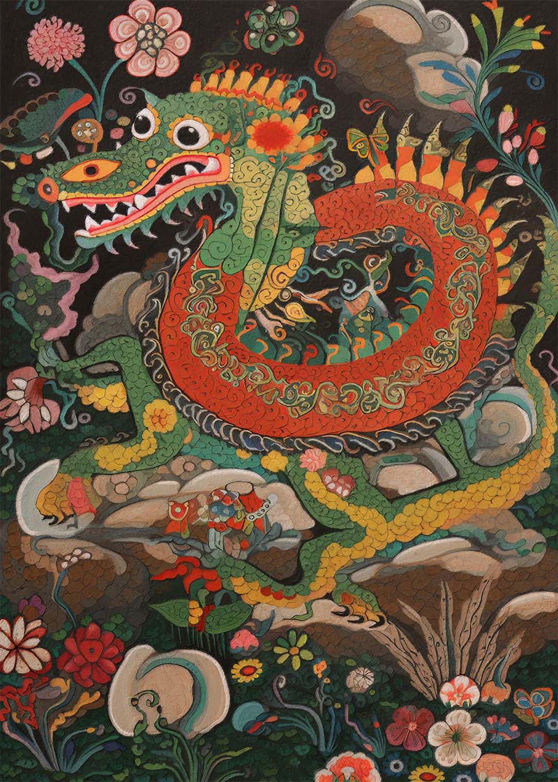 Folk Art Style Vintage Dragon Print