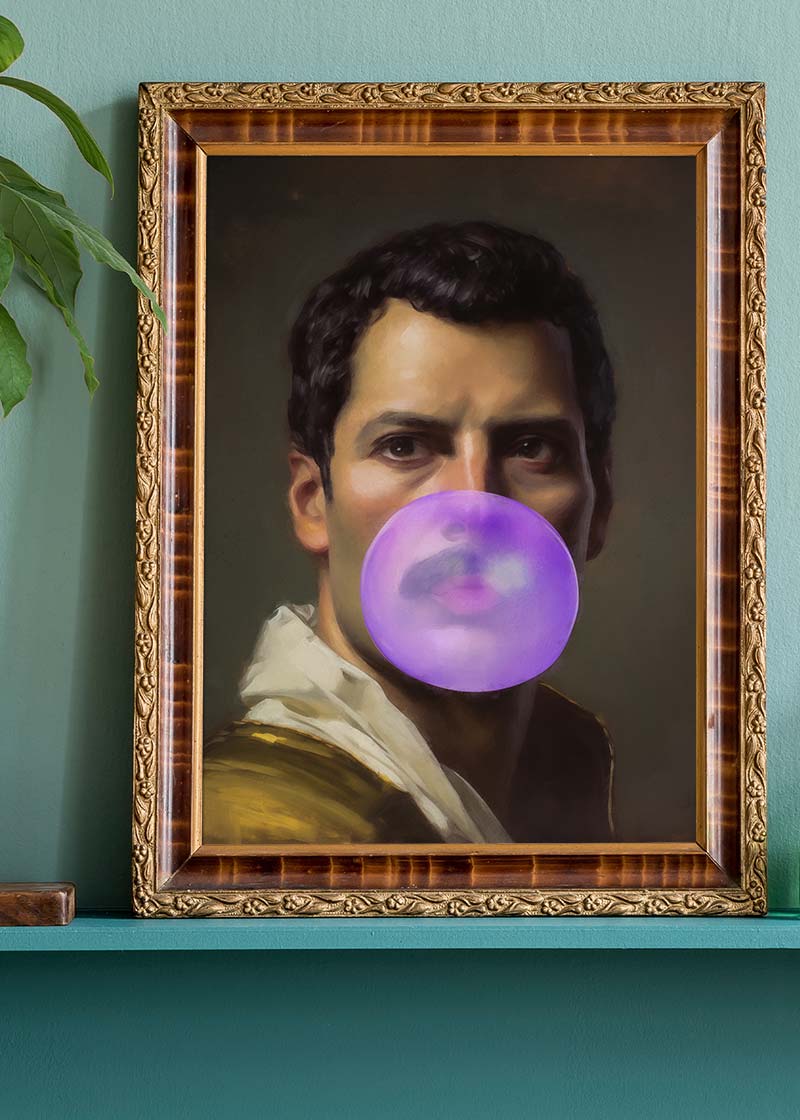 Freddie Mercury Blowing Bubblegum Portrait Print – InkAndDrop