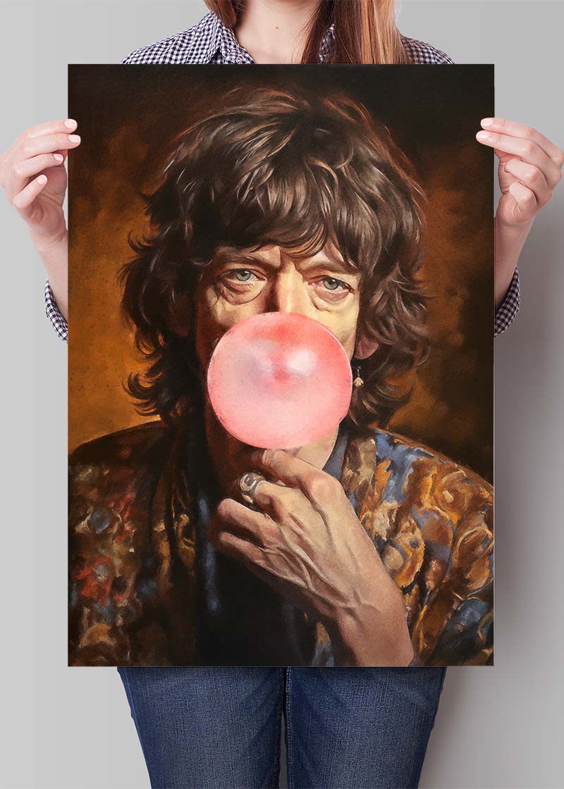 Mick Jagger Blowing Bubblegum Portrait Print