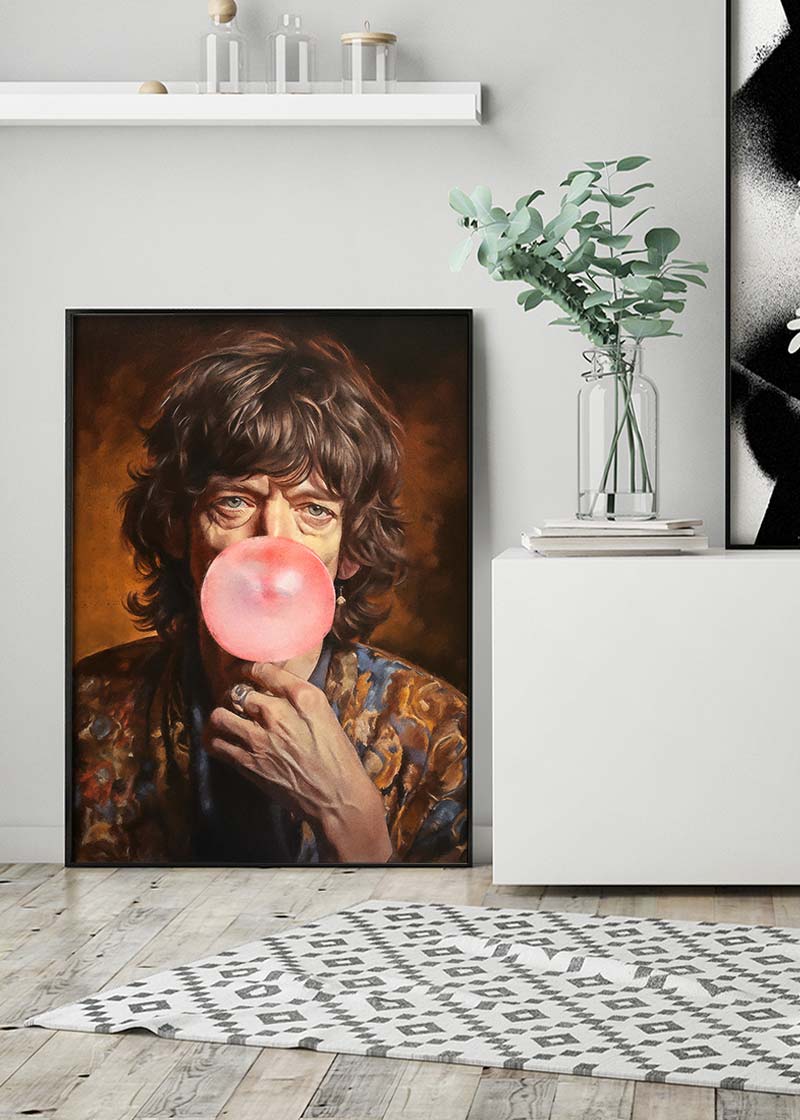 Mick Jagger Blowing Bubblegum Portrait Print
