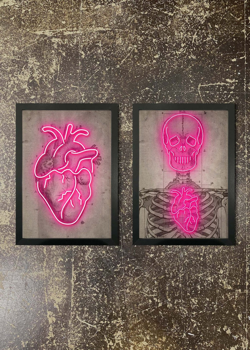2 Framed 21x30cm Prints - Neon Heart & Skeleton