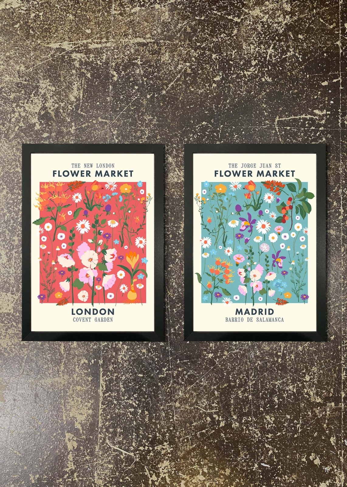 2 Framed 21x30cm Prints - Madrid & London Flower Markets