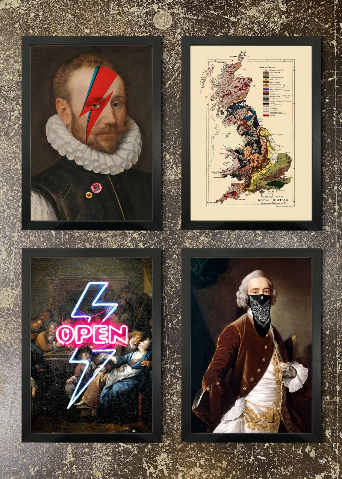 4 Framed 21x30cm Prints - Bowie, Map, Open, Gang