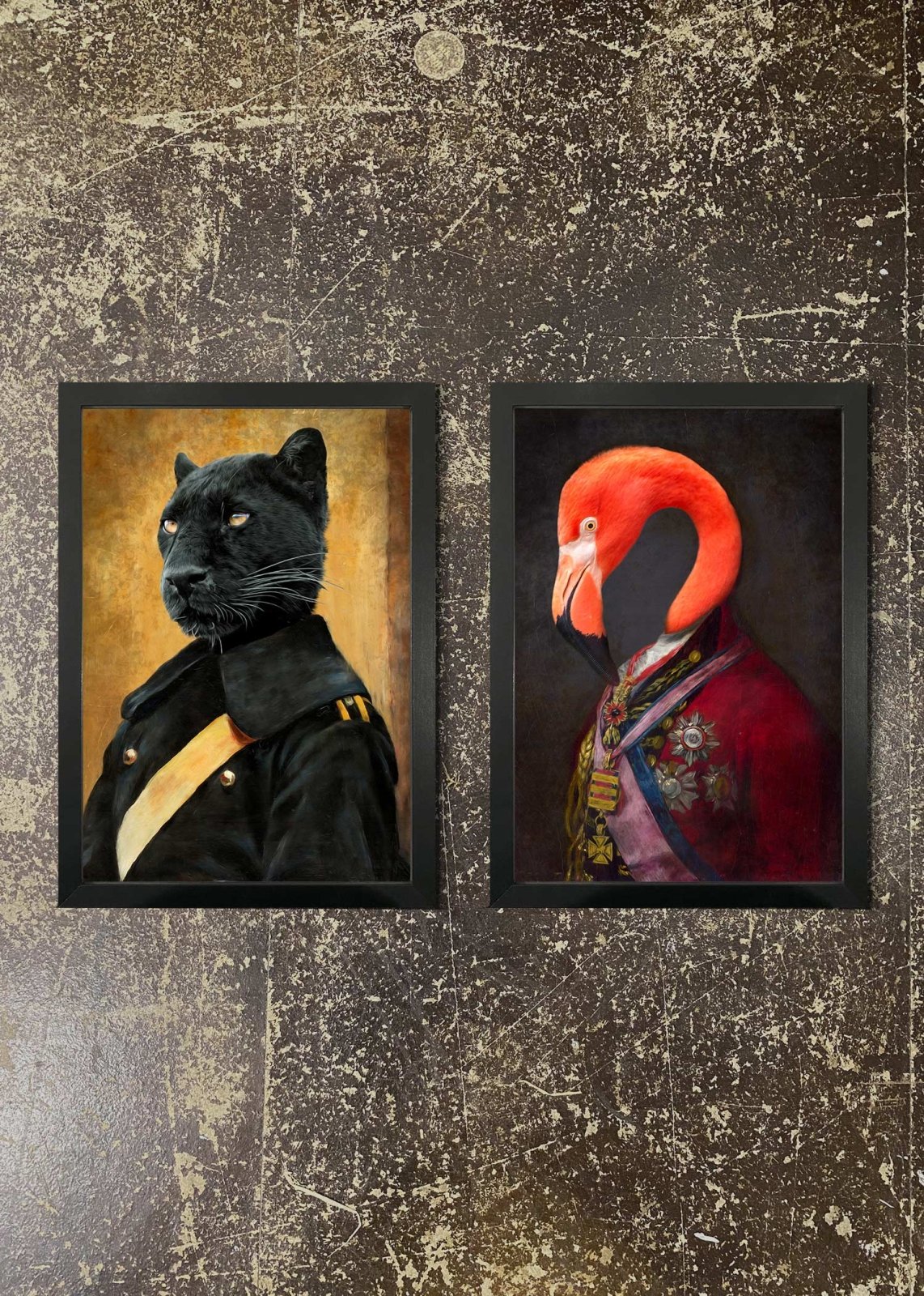 2 Framed 21x30cm Prints - Panther and Flamingo Portraits