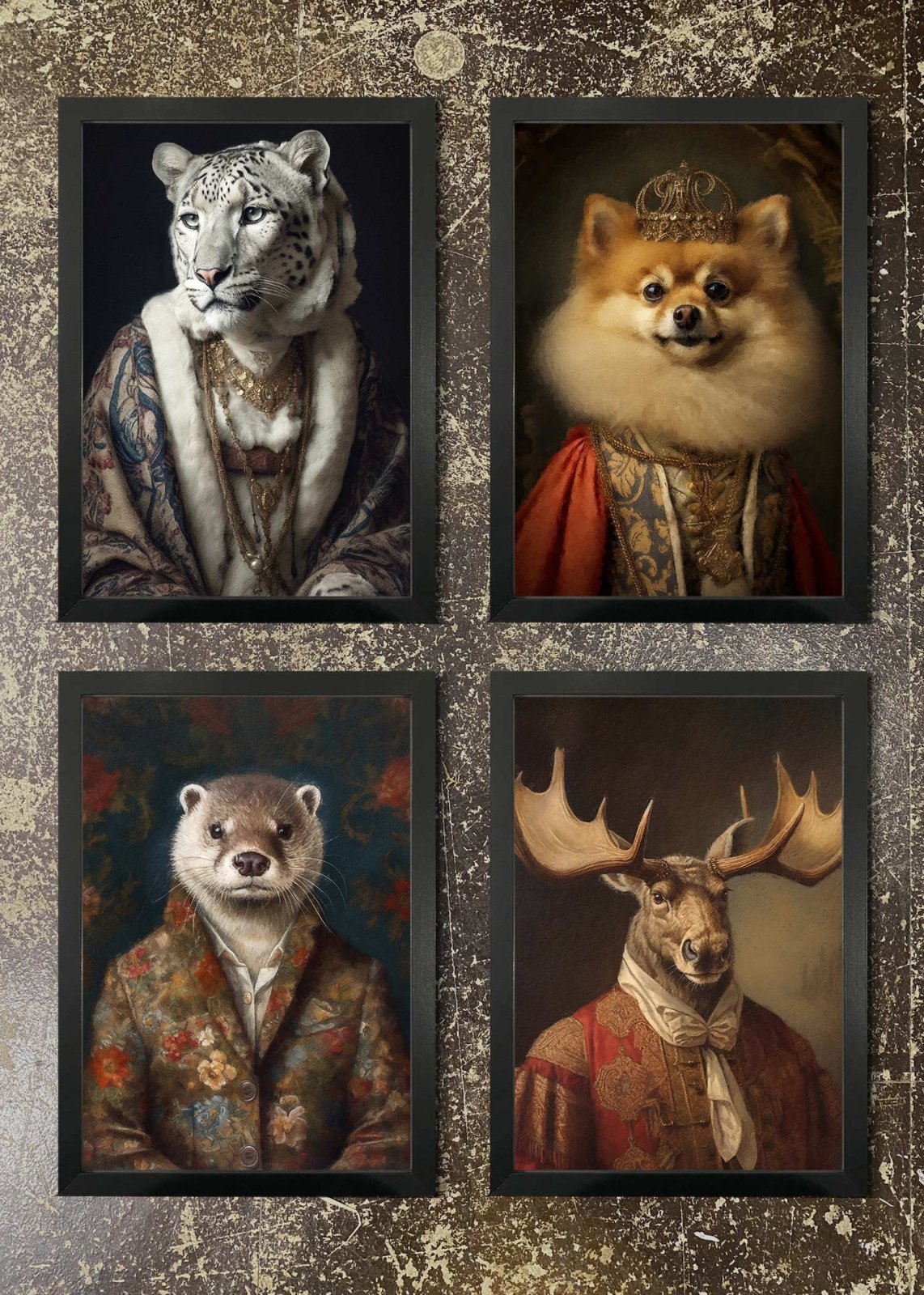 4 Framed 21x30cm Prints - Snow Leopard, Pomeranian, Otter, Moose