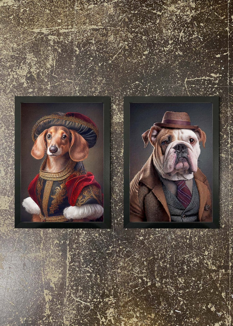 2 FRAMED 21X30CM PRINTS - DACHSHUND & ENGLISH BULLDOG