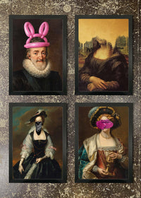 4 Framed 21x30cm Prints - Bunny Ears, Gold Mona, Gang Female, Pink Smudge Face