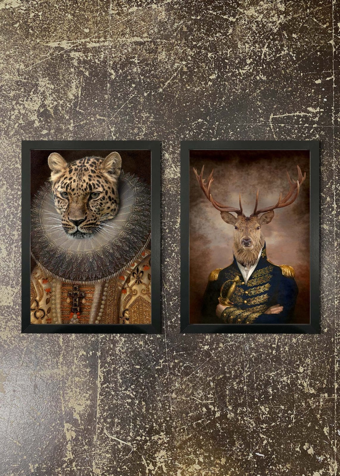 2 Framed 21x30cm Prints - Leopard & Stag 1