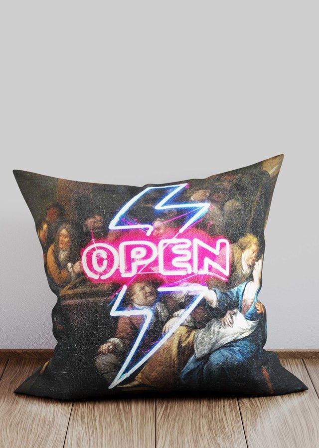 Open Tavern Sign Neon Cushion