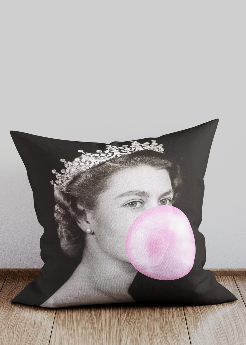 Queen Blowing Bubblegum Platinum Jubilee Cushion-InkAndDrop