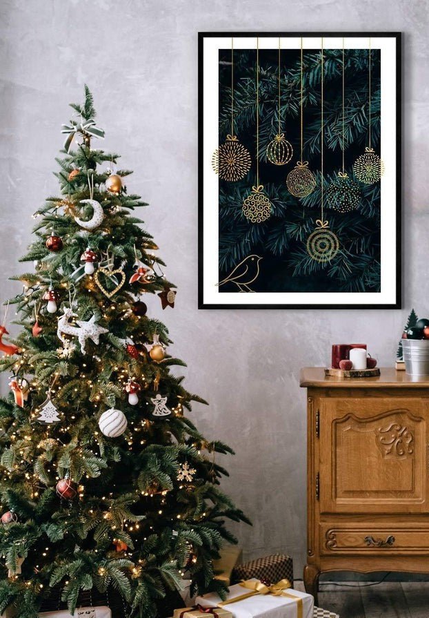 Gold Illustrated Baubles Christmas Print