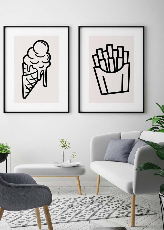 Ice Cream Black And White Illustration Print
