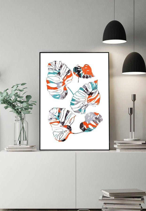 Orange And Teal Abstract Monstera Print