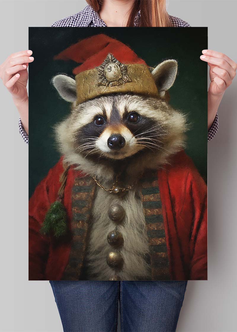 Christmas Racoon Animal Portrait Print