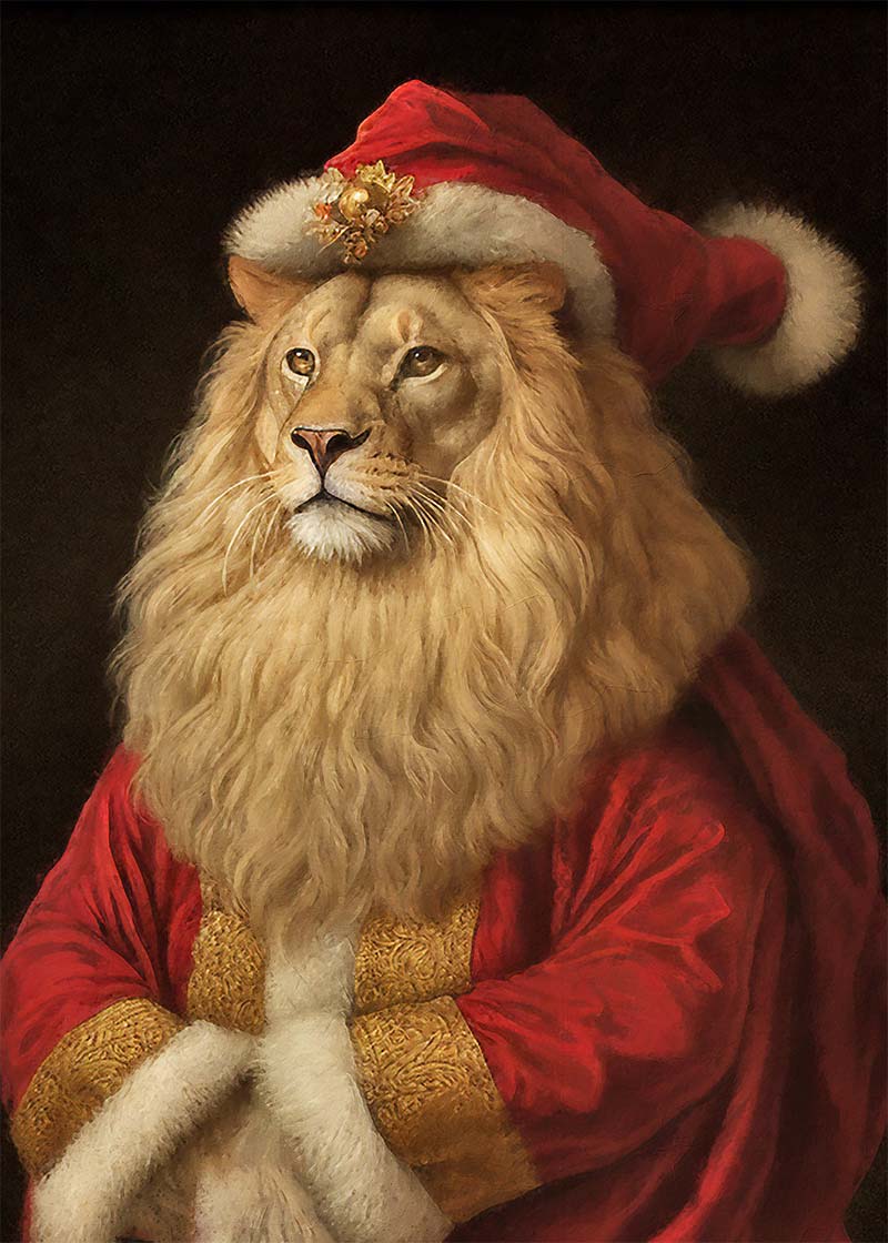 Christmas Lion Animal Portrait Print