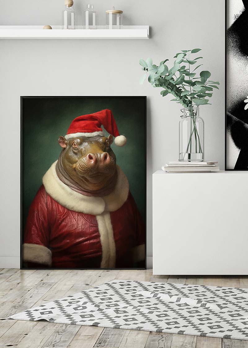 Christmas Hippo Animal Portrait Print
