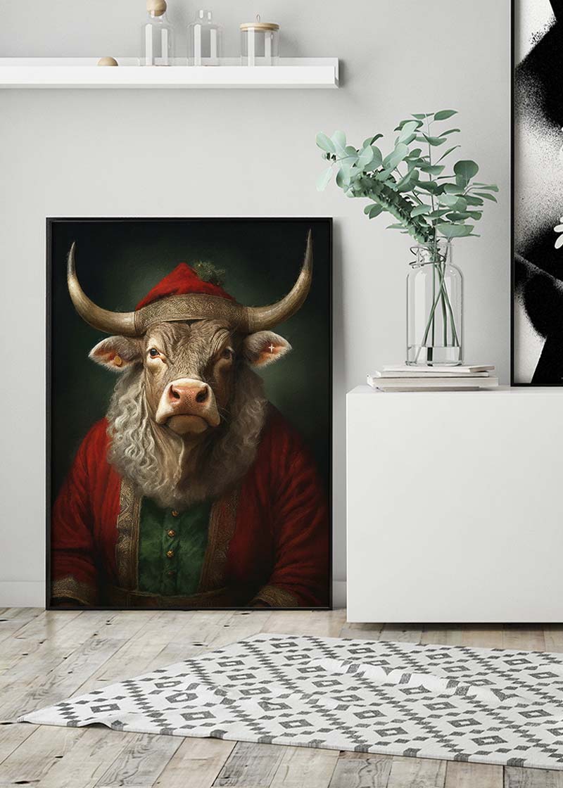 Christmas Bull Animal Portrait Print