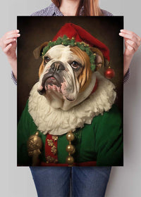 Christmas Elf Bulldog Animal Portrait Print