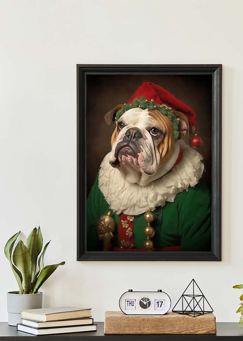 Christmas Elf Bulldog Animal Portrait Print