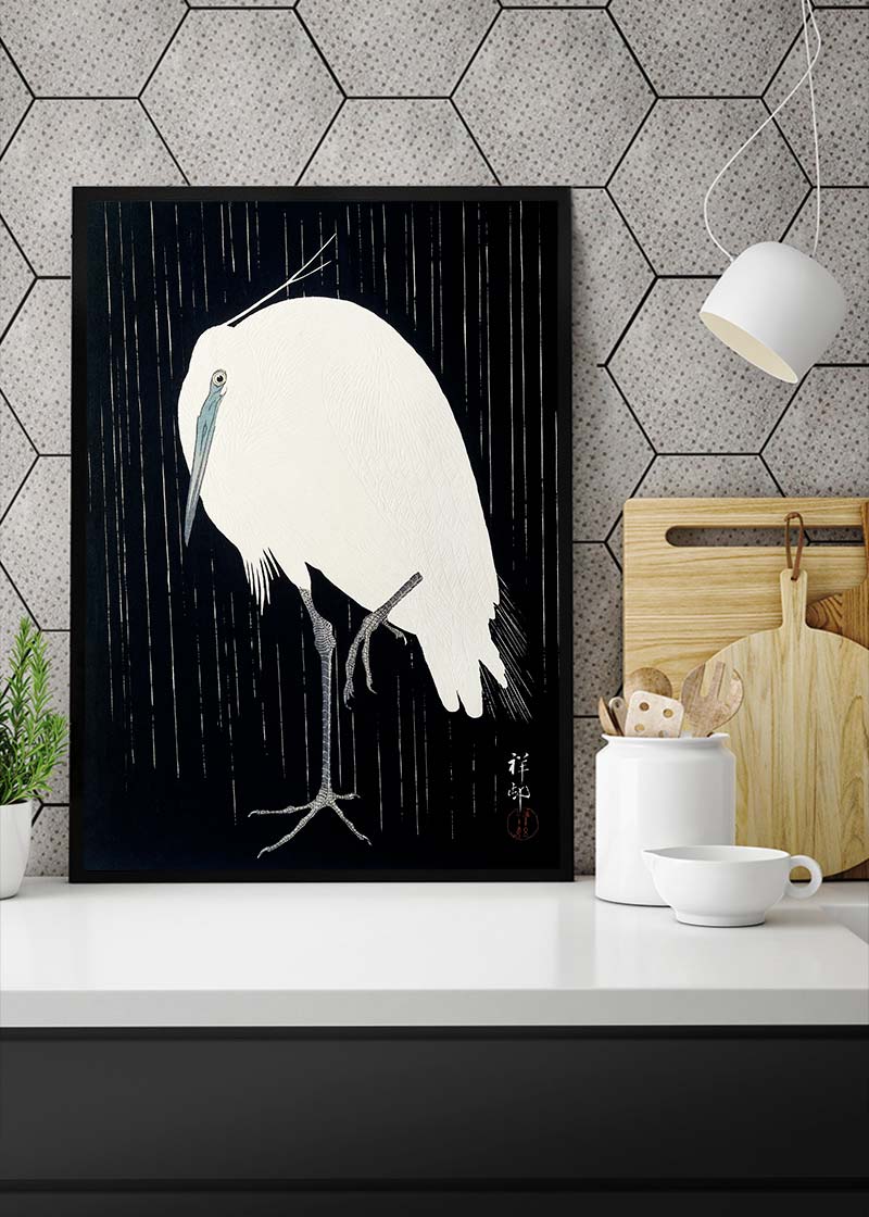 Egret Heron in the Rain by Ohara Koson