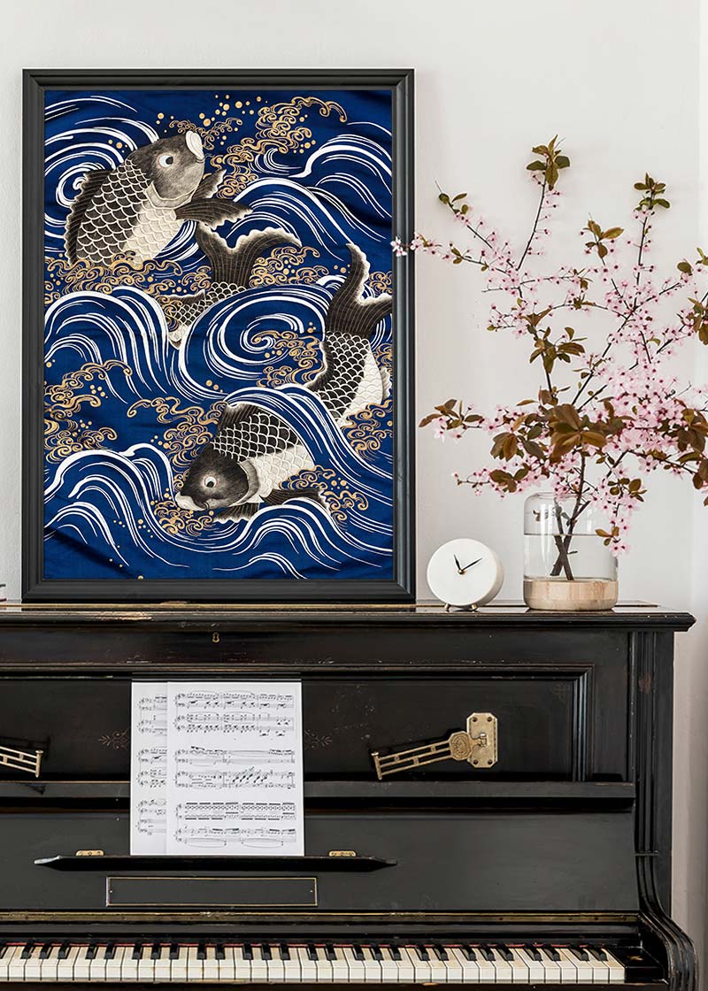 Carp Diem. Porcelain Decoupage, Fish, waves, store Asian, woodblock, bold, sea, electric