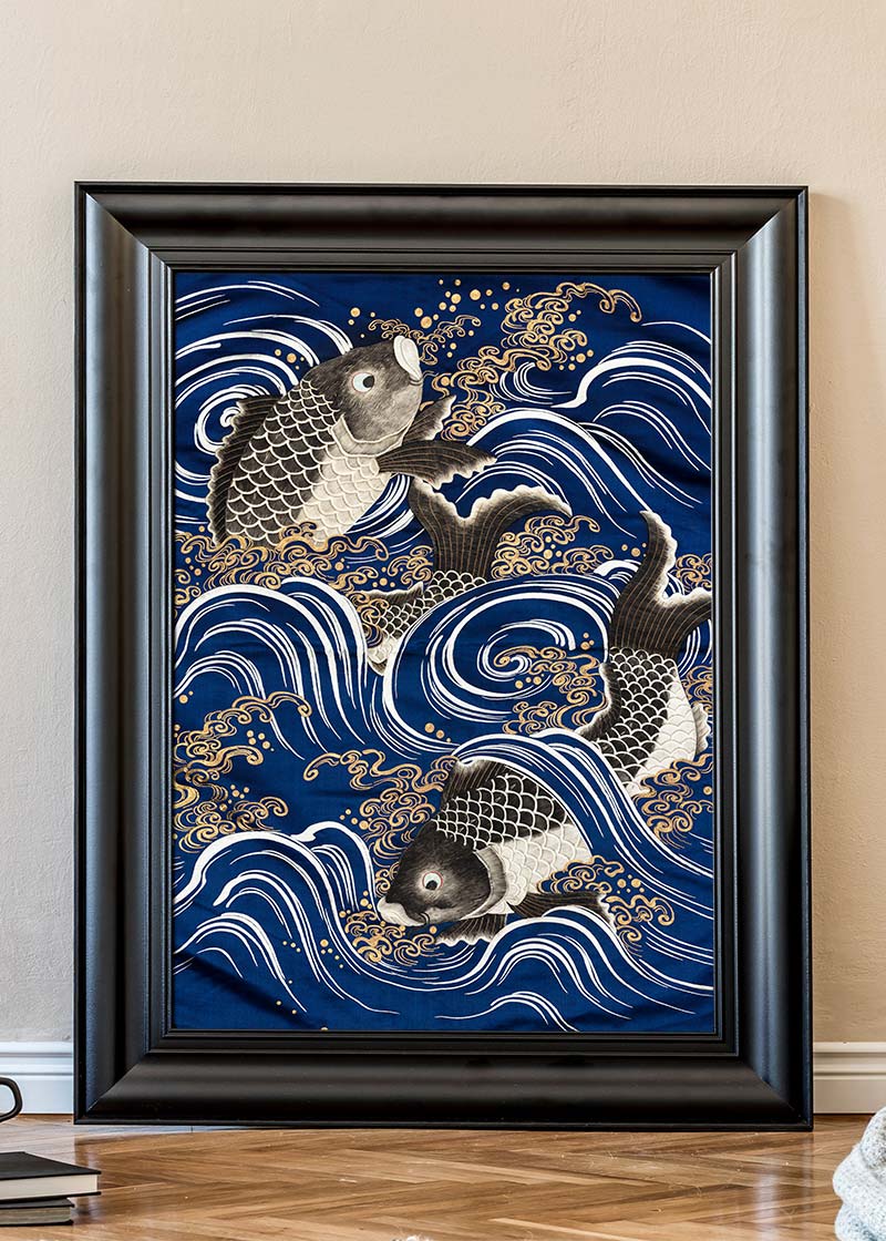 Carp Diem. Porcelain Decoupage, Fish, outlet waves, Asian, woodblock, bold, sea, electric