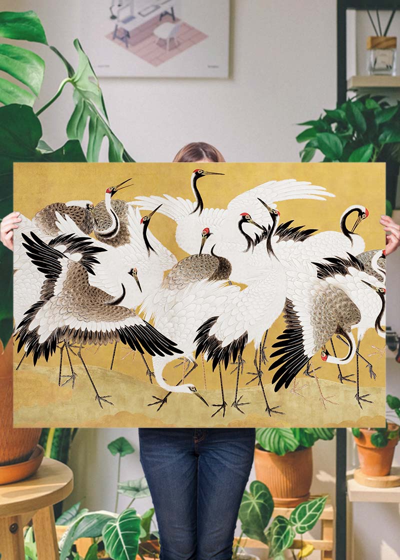 Japanese flock of cranes vintage painting by Ishida Yūtei