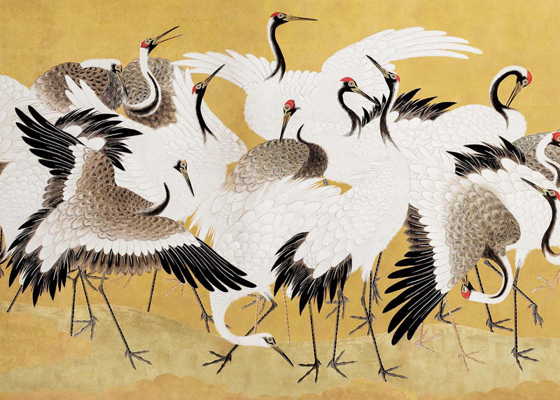 Japanese flock of cranes vintage painting by Ishida Yūtei