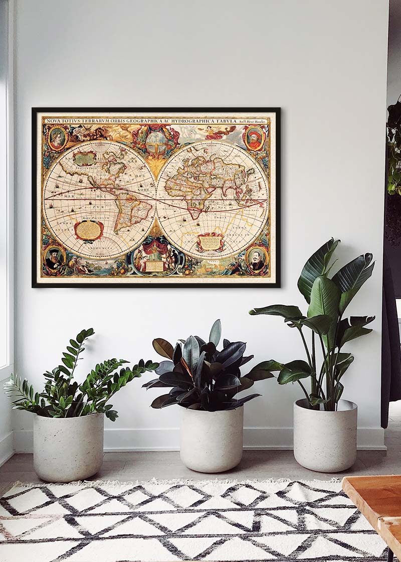 Antique World Map Double Hemisphere Map by Henricus Hondius 1630