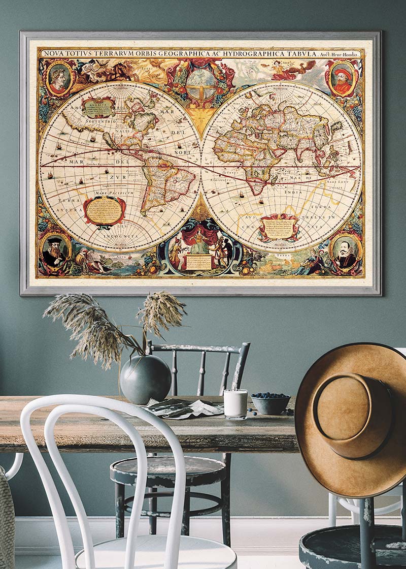 Antique World Map Double Hemisphere Map by Henricus Hondius 1630