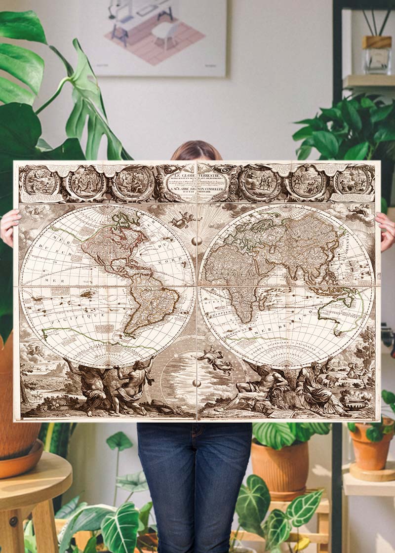 Vintage Illustrated Double Hemisphere World Map