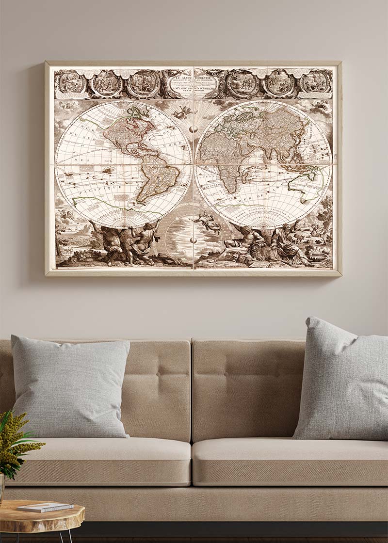 Vintage Illustrated Double Hemisphere World Map