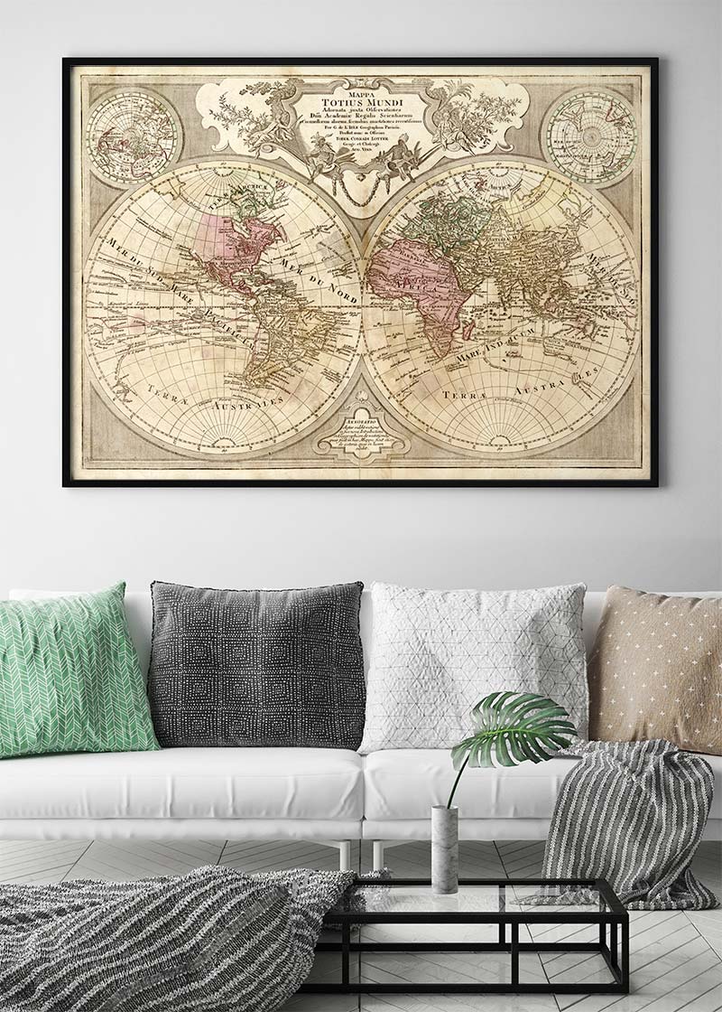 Decorative Large Double Hemisphere World Map