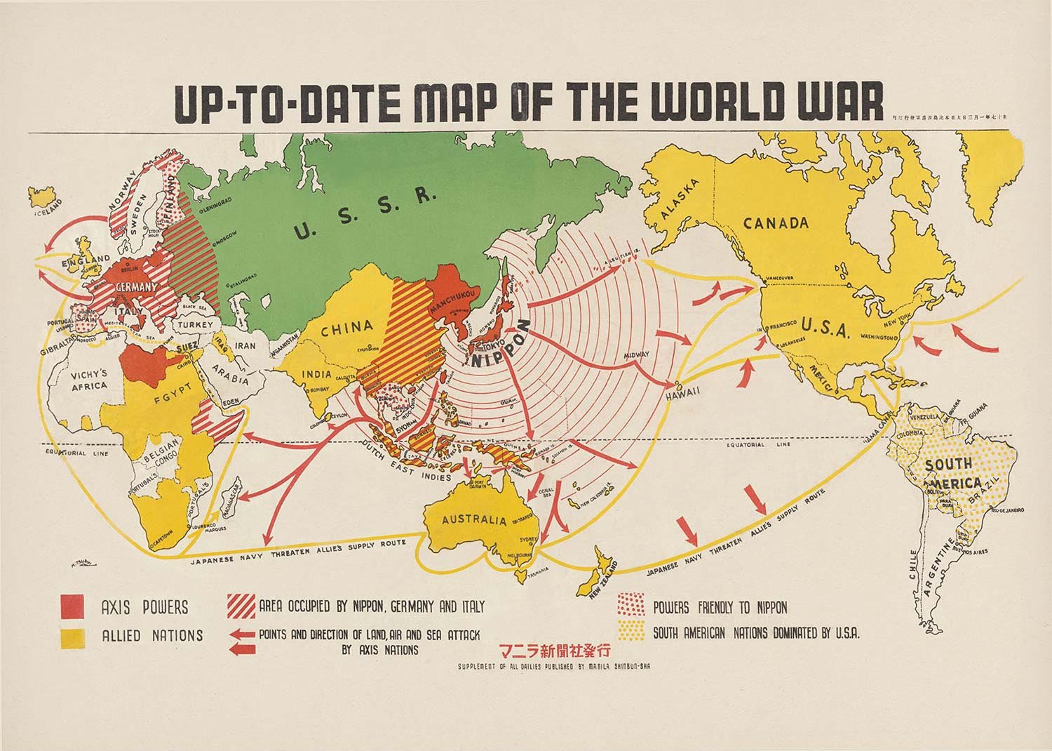 Up-To-Date Map Of The World War 1942 By Manila Shinbun-Sha