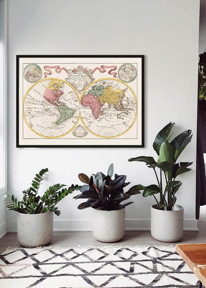 Hand Coloured Double Hemisphere World Map