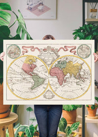 Hand Coloured Double Hemisphere World Map