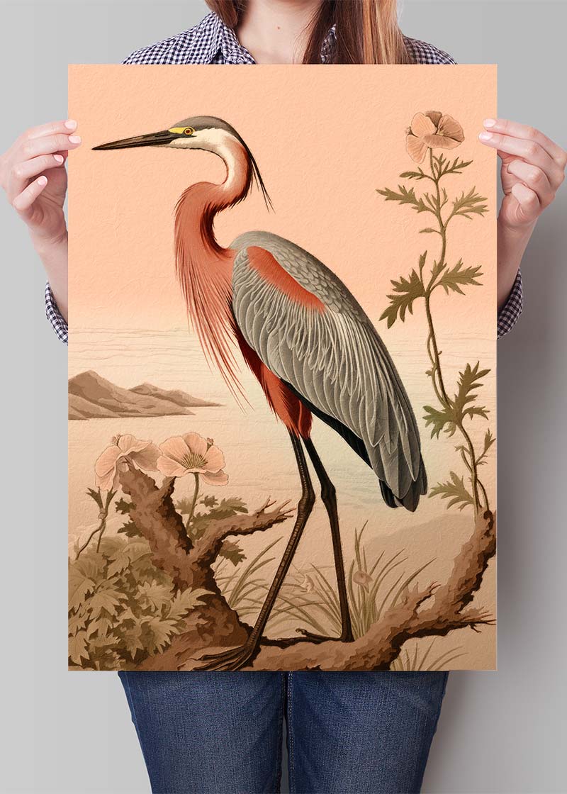 Vintage Heron Illustration Peach Print